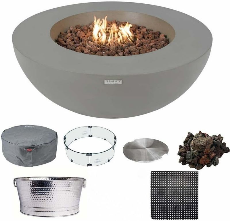 Photo 1 of Elementi Lunar Bowl Fire Pit Bundle Outdoor Firepit Set Includes 42” Natural Gas Concrete Firepit, Glass Windscreen, Stainless Steel Cover, Canvas Cover, Floor Mat, and Beverage Tub