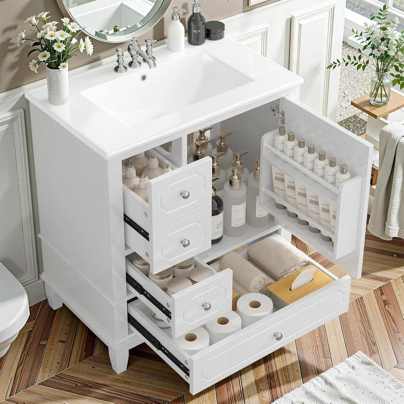 Photo 1 of 30" Bathroom Vanity with Sink, Freestanding White Vanity Cabinet with Ceramic Basin, Solid Wood Frame, Soft-Close Door, 3 Drawers, Painted MDF & Rubber Wood, Storage Shelves Included,White