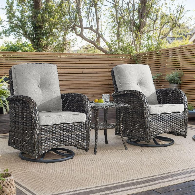 Photo 1 of Outdoor Swivel Chairs,3 Pieces Patio Furniture Set with 360 Degree Wicker Swivel Rocking Chairs and Side Table for Garden,Porch,Backyard (Brown/Beige)