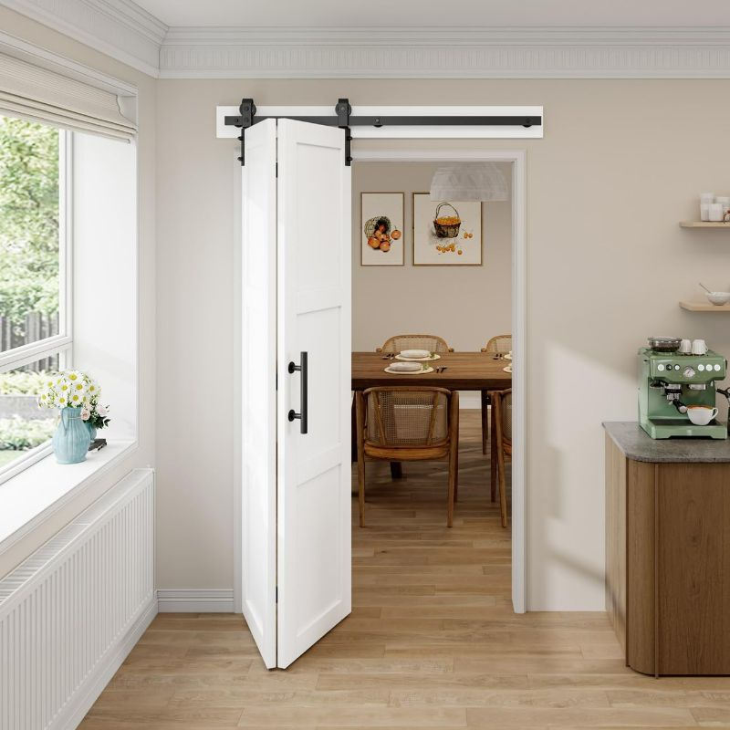 Photo 1 of Bi-Fold Sliding Barn Door 24"X12" x2" x 84", White 3 Lites Wood MDF Doors, Bifold Sliding Hardware Kit Set&Handles, Pre-drilled Closet Door Slab, Waterproof PVC Skin, Assembled Doors