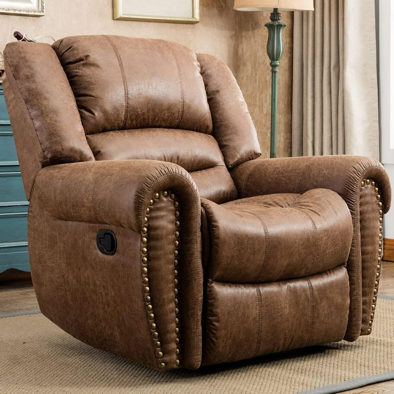 Photo 1 of Leather Recliner Chair, Classic and Traditional Manual Recliner Chair with Comfortable Arms and Back Single Sofa for Living Room, Nut Brown