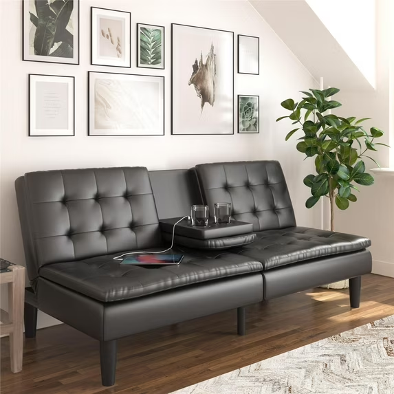 Photo 1 of Mainstays Memory Foam 71.5" Futon with Cupholder and USB, Black Faux Leather