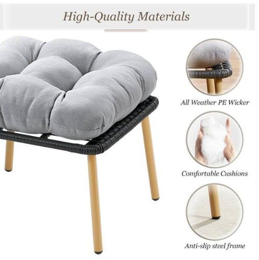 Photo 1 of DarkGray Wicker Outdoor Egg Chair Ottoman Steel Frame Footstool with Removable LightGray Cushions