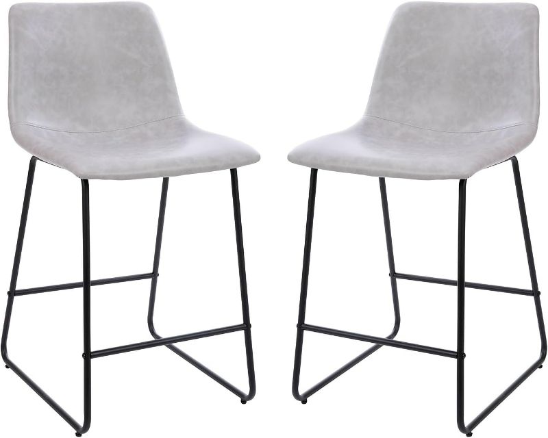 Photo 1 of Flash Furniture Reagan 24" LeatherSoft Counter Height Stools with Footrest, Mid-Century Modern Bucket Style Dining Chairs, Set of 2, Light Gray