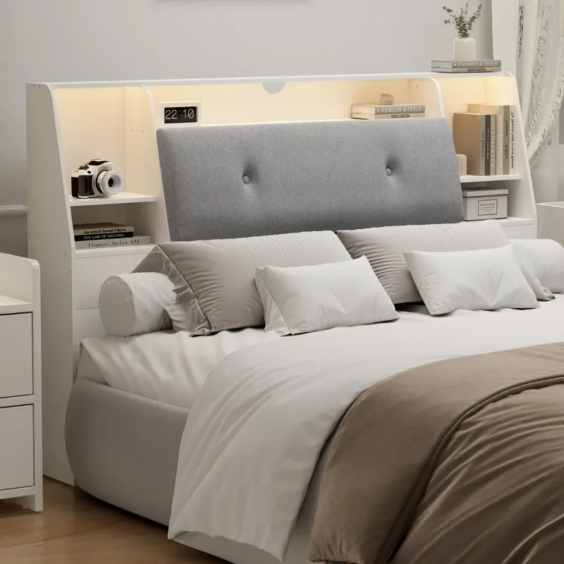 Photo 1 of 2 in 1 Bookcase Headboard With Charging Station & 2 Led Lights,Removeable Upholstered Panel