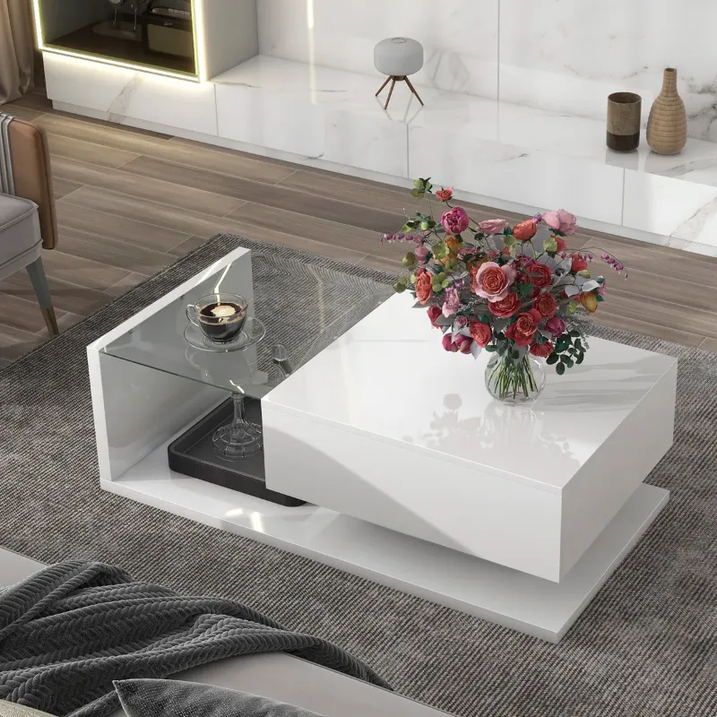 Photo 1 of Modern Coffee Table with Tempered Glass, Wooden Cocktail Table with High-gloss UV Surface