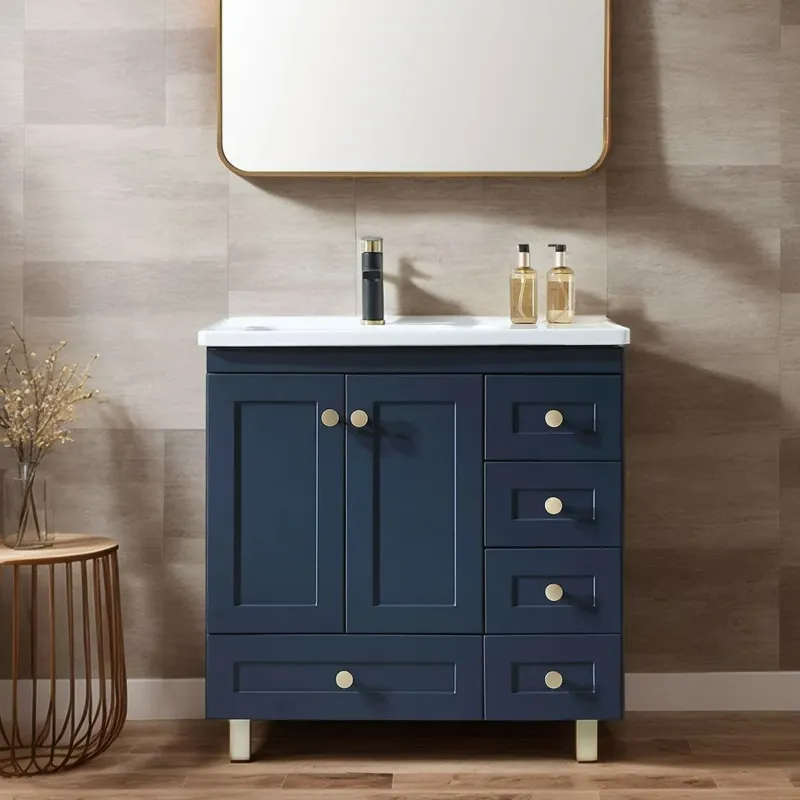 Photo 1 of 32" Blue Modern Free-Standing 2-Door & 5-Drawer Single Bathroom Vanity With Ceramic Top