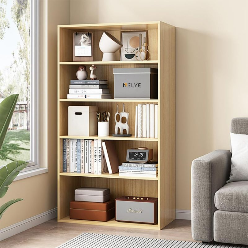 Photo 1 of Basic Open Shelf Bookcase - 5-Tier Wooden Cube Storage Shelves Split Bookshelf, Oak