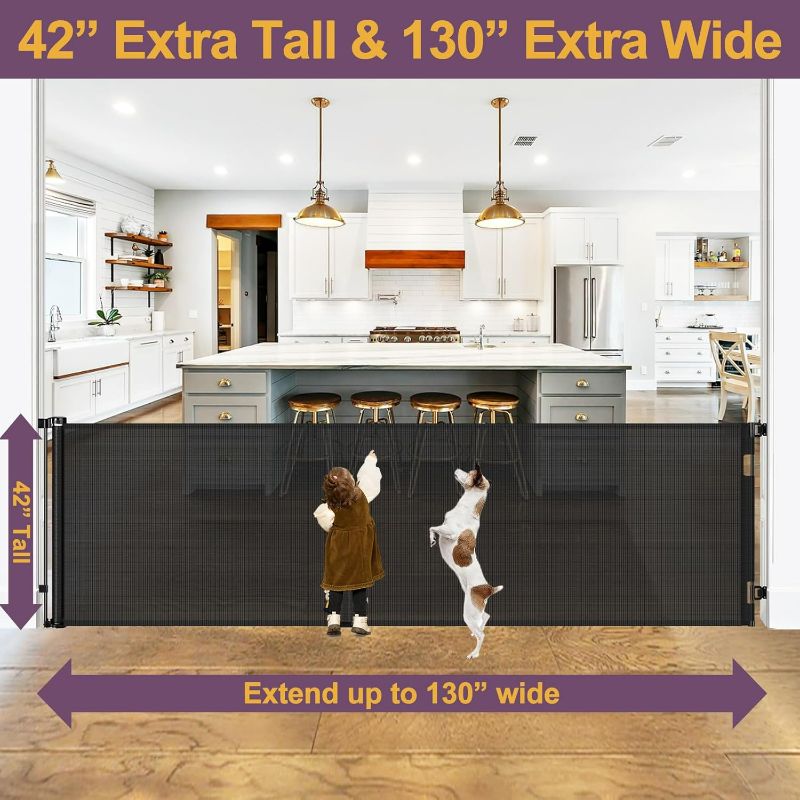 Photo 1 of 42" Tall X 130" Extra Wide Retractable Baby Gates for Large Openings Extra Tall Dog Gates for Doorways Extra Tall Pet Gate Indoor Outdoor Long Baby Gate Retractable Child Gate Tall Mesh Gate, Black