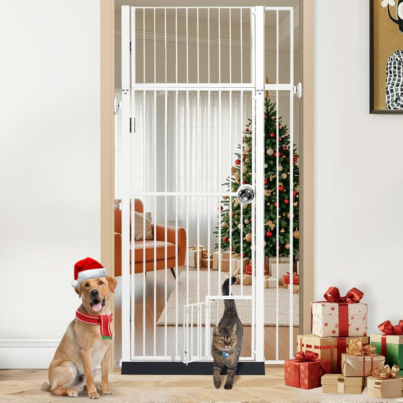 Photo 1 of 71" Extra Tall Pet Gate Cat Gate with Cat Door, 28.7"~37.5" Extra Wide Pressure Mounted Pet Barrier Auto-Close Safety Pet Gate with Walk Through Door Latch,White