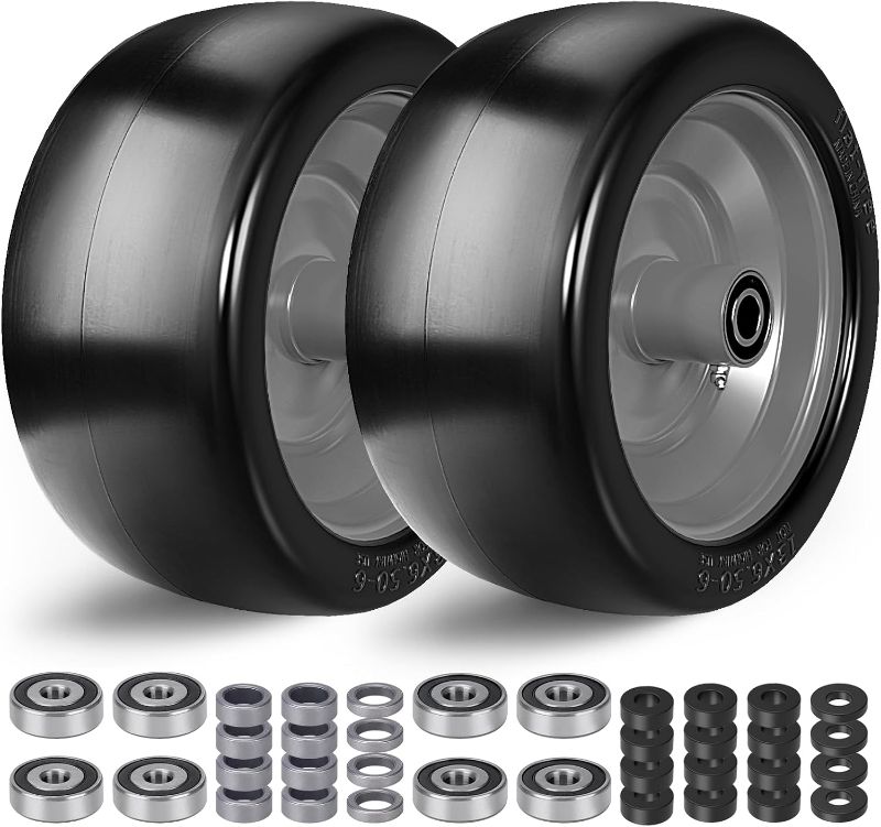 Photo 1 of Upgrade 13x6.50-6 Lawn Mower Tires Flat Free,13x6.5-6 Tire and Wheel with 3/4"& 5/8" Bearing,5.5"-7.5" Centered Hub,13x6.5-6 Zero Turn Mower Front Tire for Residential and Commercial Garden Lawn,2 Pcs