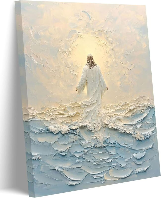 Photo 1 of Jesus Walking On Water Canvas Wall Art Christian God Painting Wall Decor Minimalist Faith Inspirational Divine Print Poster Print Artwork for Living Foom Bedroom Christian Church Home Decoration