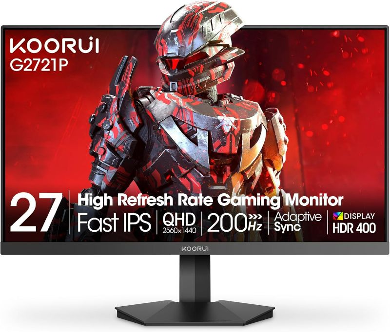 Photo 1 of KOORUI 27" 200Hz Gaming Monitor, 1ms Fast IPS Computer Monitor, WQHD (2560 x 1440p) HDR 400 Display, DCI-P3 95% Color Gamut, FreeSync Premium, Adaptive G-Sync, HDMI x 2, DisplayPort, Black