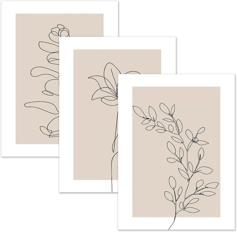 Photo 1 of arfitest Neutral Plant Poster Wall Art 3 Pieces Canvas Minimalist Abstract Plant Painting Print Beige Leaf Print Wall Trim Line Art Bathroom Bedroom Living Room Decor 12x16 Inches