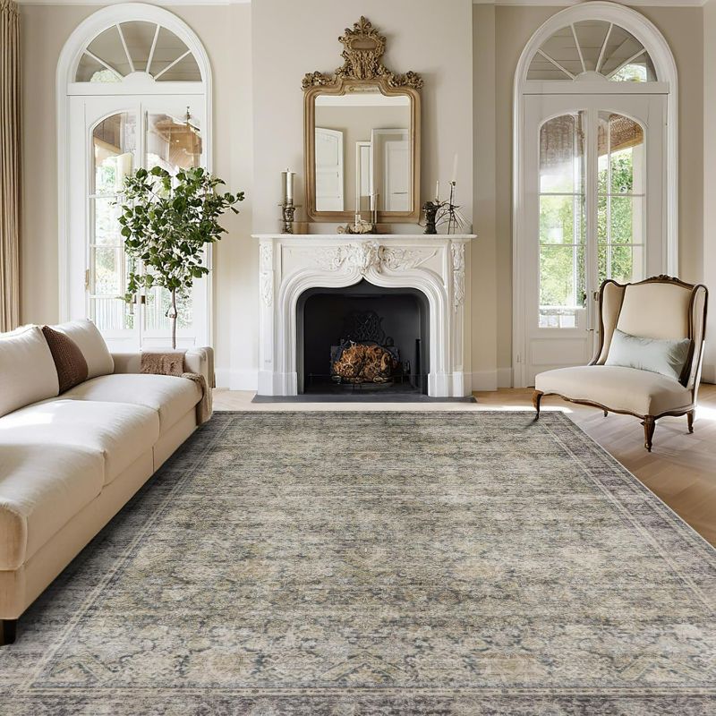 Photo 1 of Washable Rugs 8x10 Area Rugs for Living Room,Bedroom and Dining Room-Large Ultra Soft Faux Wool Retro Carpets,Non Slip&Non-Shedding Low Pile Vintage Print Home Office Rug-Brass Green-Brown-Olive