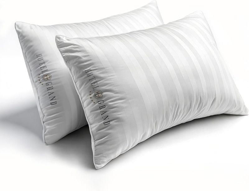 Photo 1 of Hotel Grand Softy-Around Feather Down Pillows Queen Size Set of 2 Packs White Strip 100% Cotton Fabric Bed Pillows for All Position Sleepers,28"x20"/2 Packs