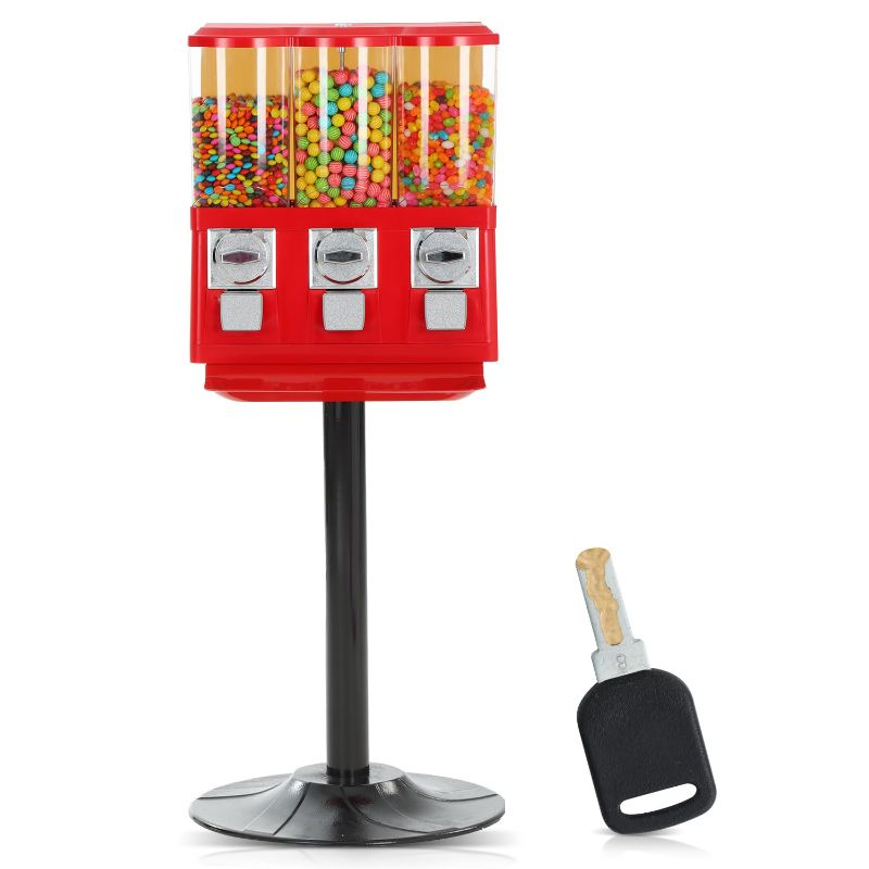 Photo 1 of Candy Vending Machine with Stand for Business and Home - Triple Coin Operated Vending Machine Using Quarters - Commercial Gumball Machine with Stand for Sale Use for Gumballs Toys Capsules (Red)