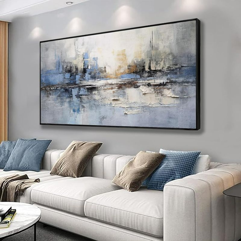 Photo 1 of Abstract Wall Art Blue and White Reflection Large Size Framed Artwork Wall Decor Canvas Painting Stretched Canvas Wooden for Living Room Bedroom Office Home Decor Frame ready for hanging 30"x60"
