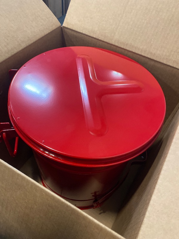 Photo 1 of Justrite 6 Gallon Galvanized Steel Oily Waste Can, 16" x 12" Metal Oil Rag Safety Can With Foot Operated Self-Closing Lid for Oil Rag Disposal, Made in the USA, Red, 09100
