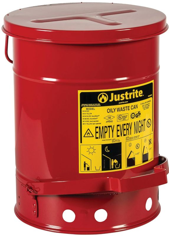 Photo 1 of Justrite 6 Gallon Galvanized Steel Oily Waste Can, 16" x 12" Metal Oil Rag Safety Can With Foot Operated Self-Closing Lid for Oil Rag Disposal, Made in the USA, Red, 09100
