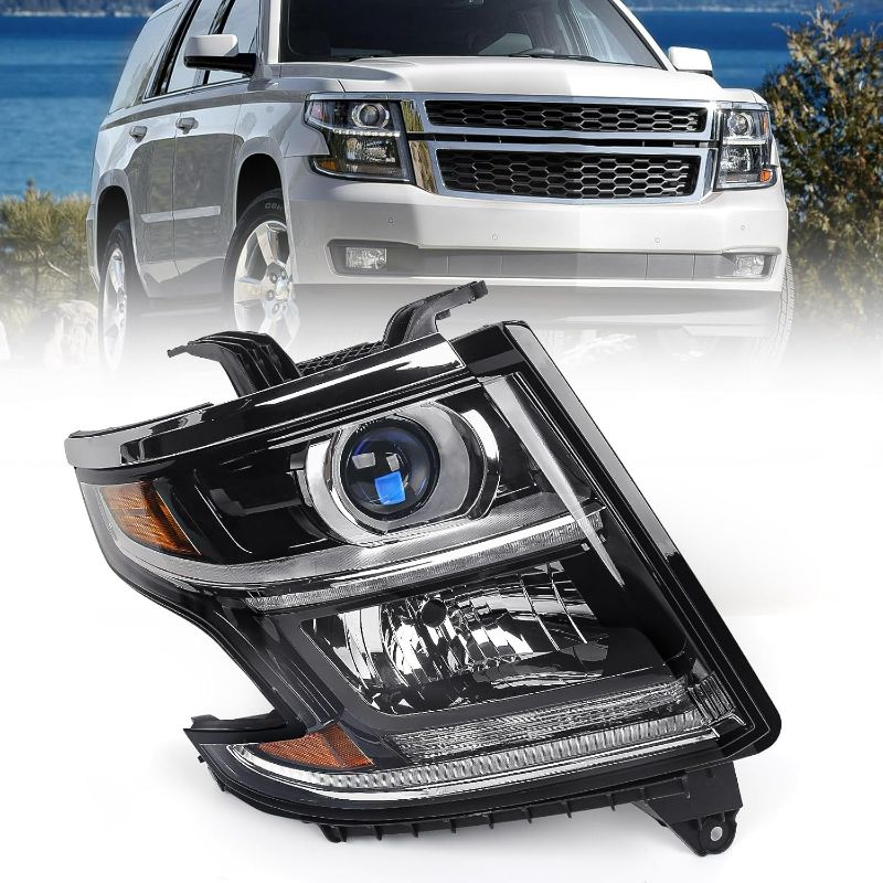Photo 1 of FIONE Headlight Compatible with Chevy Tahoe/Suburban 2015-2020 DRL Halogen Headlamp NOT HID Black Housing Replacement Right Passenger Side RH W/O Bulbs