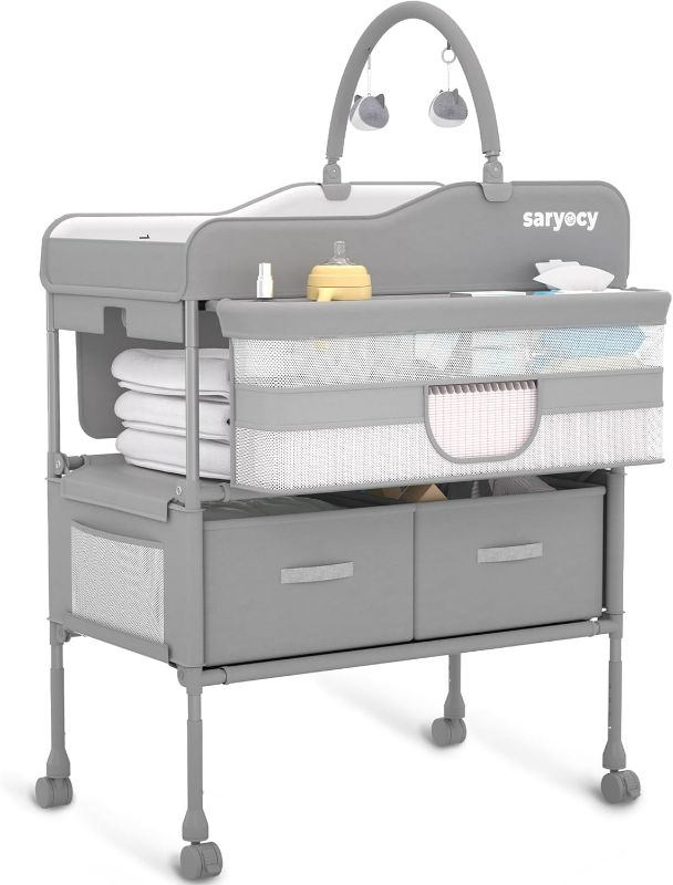 Photo 1 of Baby Changing Table, Versatile Folding Changing Table, Waterproof Diaper Changing Station, Adjustable Height with 2 Drawers,Baby Changing Station, Mobile Nursery for Infant and Newborn