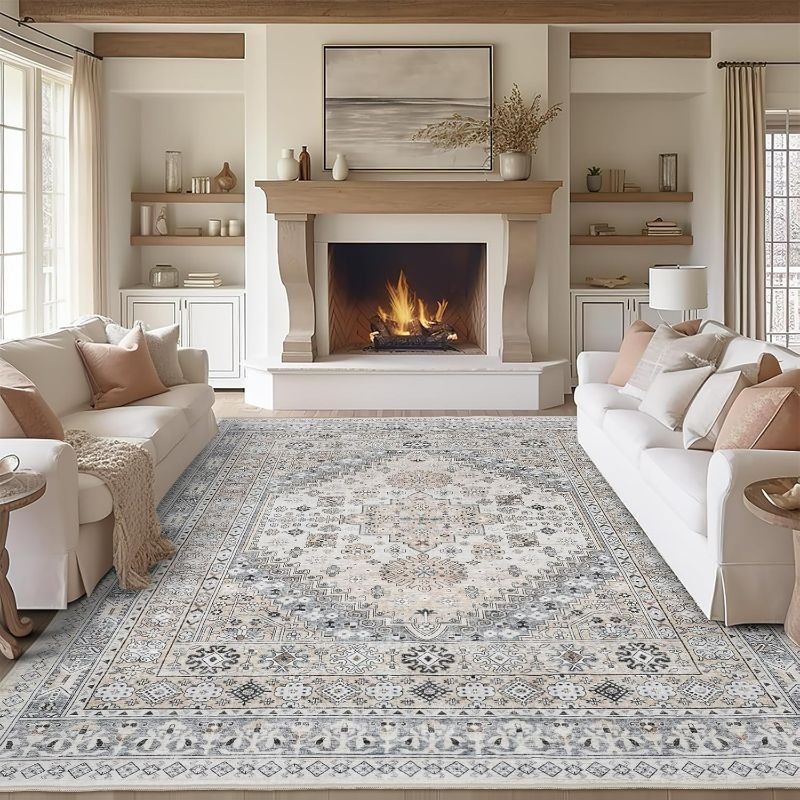 Photo 1 of zesthome 8x10 Area Rugs for Living Room,Non-Slip Backing Washable Rugs,Vintage Large Area Rug?Stain Resistant Home Decor Rug (Beige,8'x10')