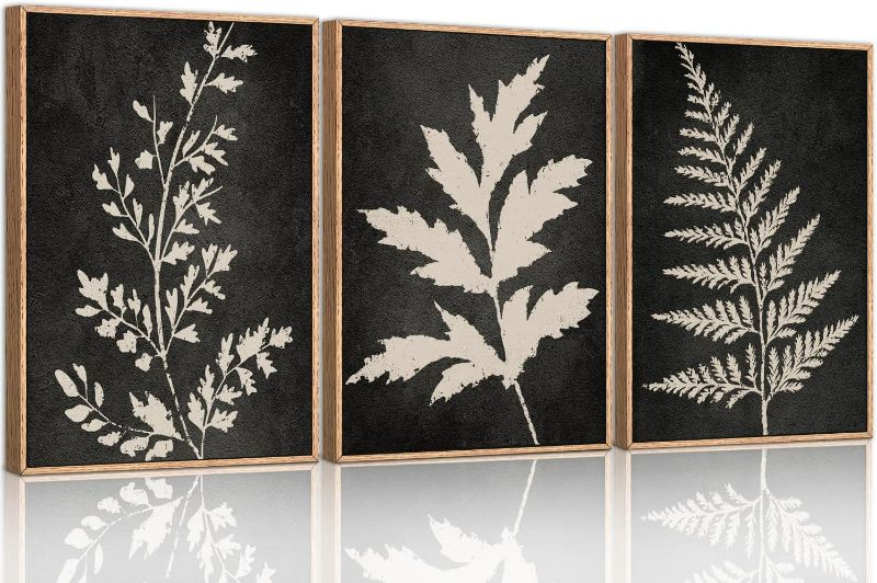 Photo 1 of Ausril Black Tan Fern Leaf Framed Canvas Wall Art Set, Minimalist Botanical Wall Decor, Nature Fern Plant Silhouette Wall Painting, Modern Art Print for Living Room, Bedroom, Office 16"x24"x3