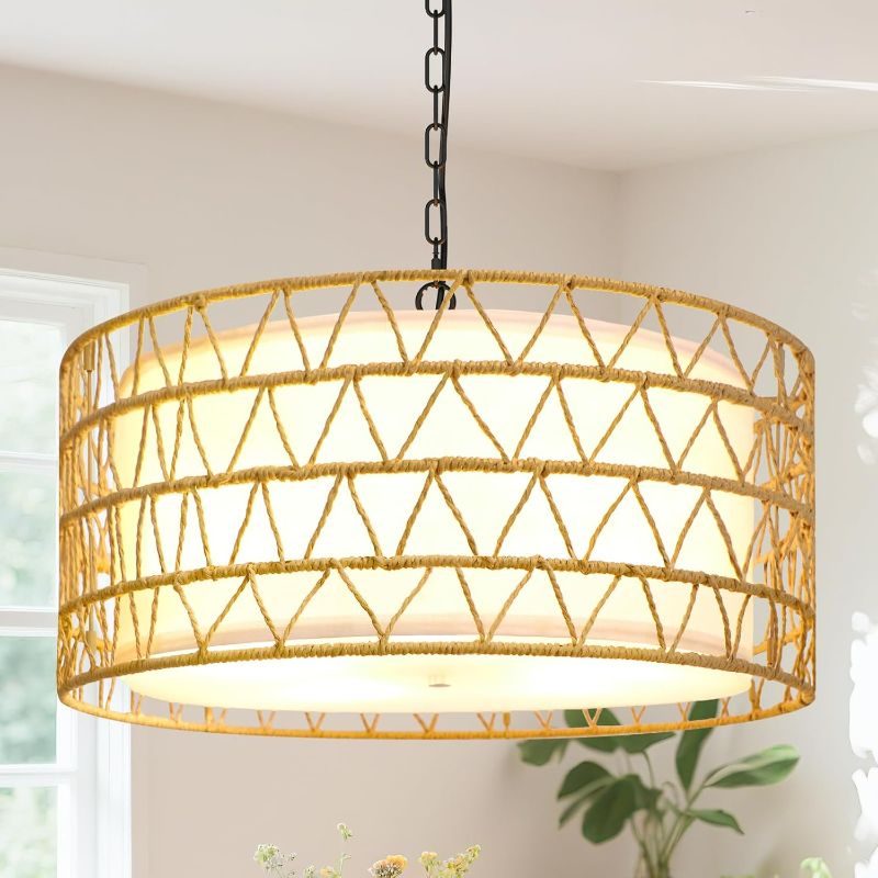 Photo 1 of 20" Rattan Chandelier Farmhouse Light Fixtures, 5-Light Boho Chandeliers for Dining Room, Fabric Lamp Shade for Living Room, Bedroom, Hallway Rattan Pendant Light Fixture, E26