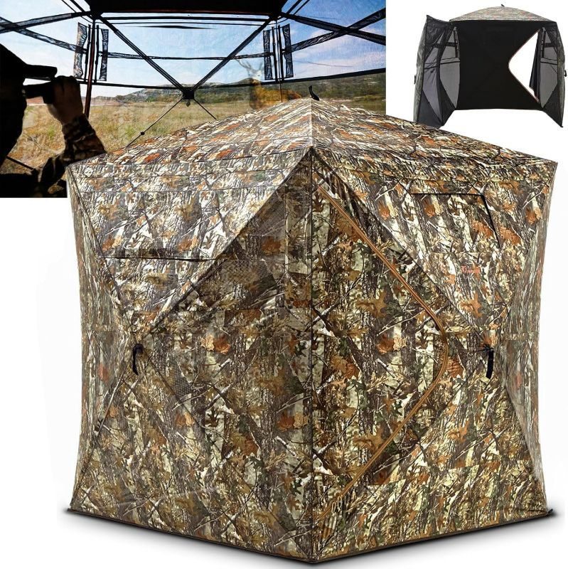 Photo 1 of Hunting Blind 360/270 Degree with Double Doors, Portable 2-3 & 3-4 Person, Ground Blind See Through, Pop-up Hunting Blind, Camouflage Hunting Blind for Deer & Turkey Hunting