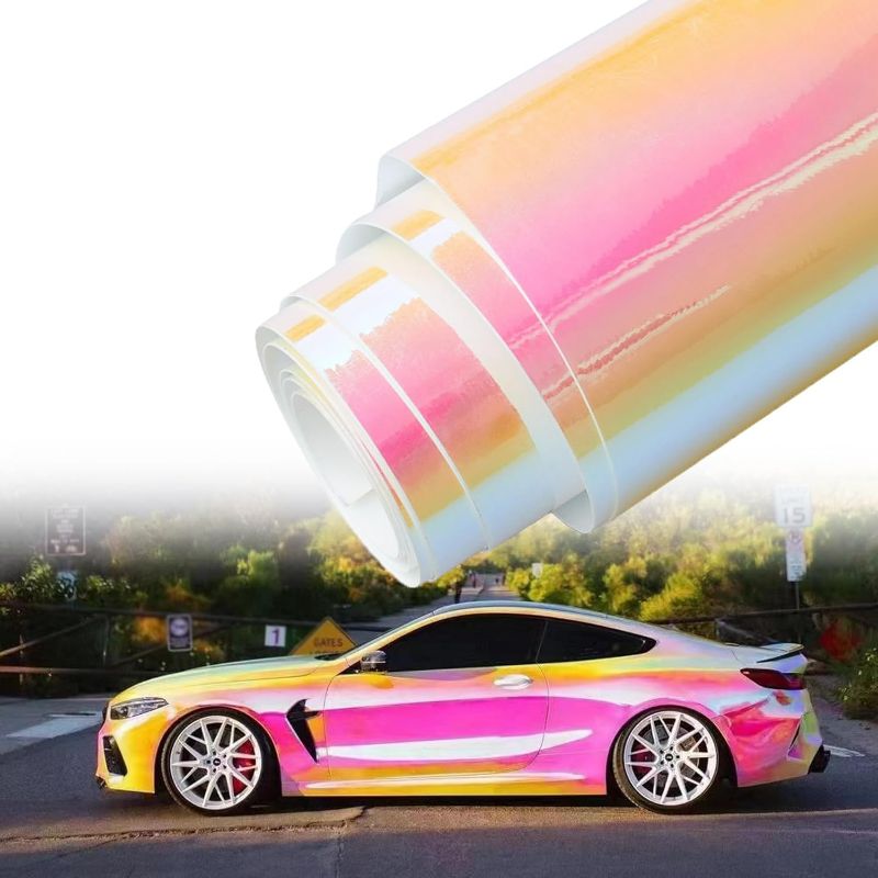 Photo 1 of Holographic Rainbow Pink Car Vinyl Wrap Chameleon Color Change High Gloss Self Adhesive Car Vinyl Film Roll, 53.14'' x 137.79''
