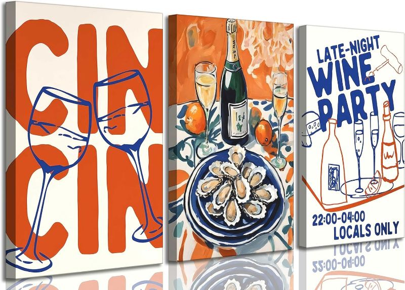 Photo 1 of 3 Pcs Retro Maximalist Kitchen Canvas Wall Art Vintage Wine Food Funny Trendy Cin Cin Cheers Bar Cart Painting Picture Wall Decor Poster Print Artwork for Living Room Dining room Home Decoration