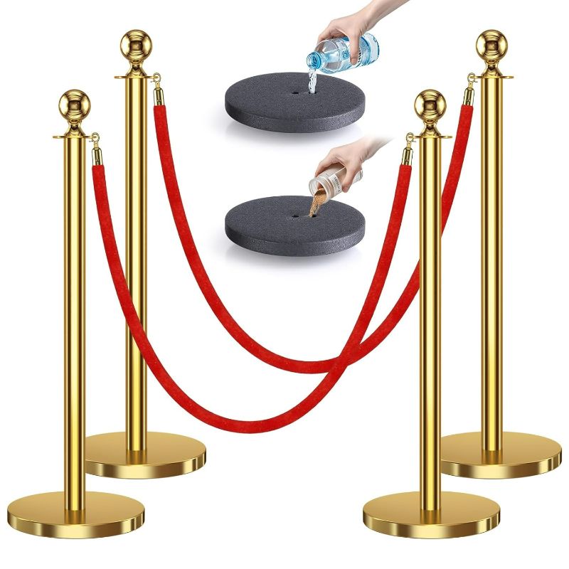Photo 1 of kaiyomi 4Pcs Stanchions with Red Velvet Ropes Set, 5 Feet Velvet Ropes and Posts Poles for Red Carpet Party Decoration and 360° Photo Booth (Golden)
