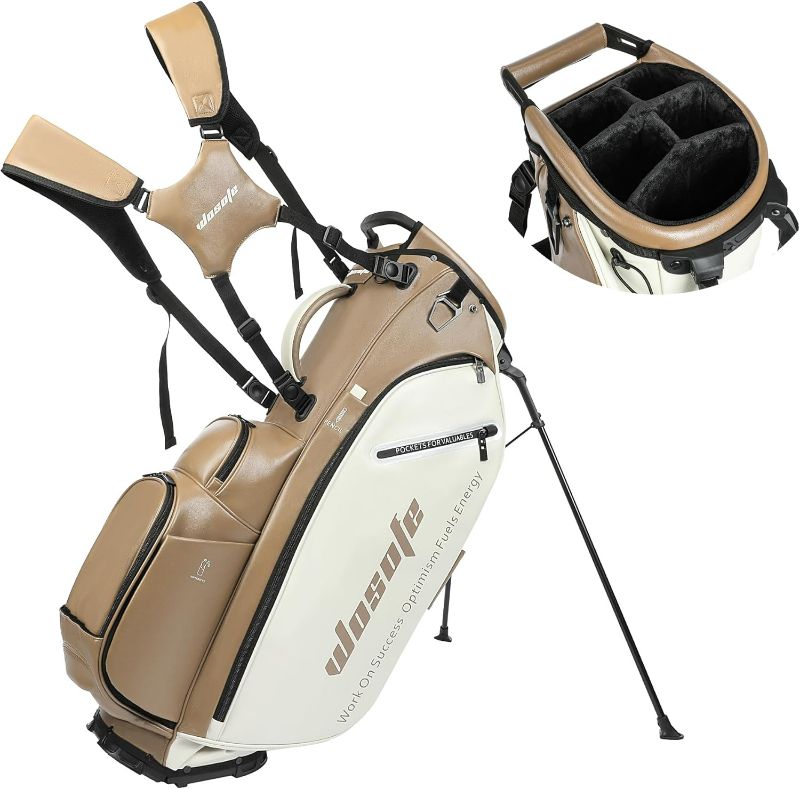 Photo 1 of Golf Club Stand Bag PU Leather 14-Way Full Length Top Dividers Waterproof Men Women, Lightweight Multiple 8 Pockets Cooler Pouch Adjustable Detachable Shoulder Dual Straps Rain Cover Hood