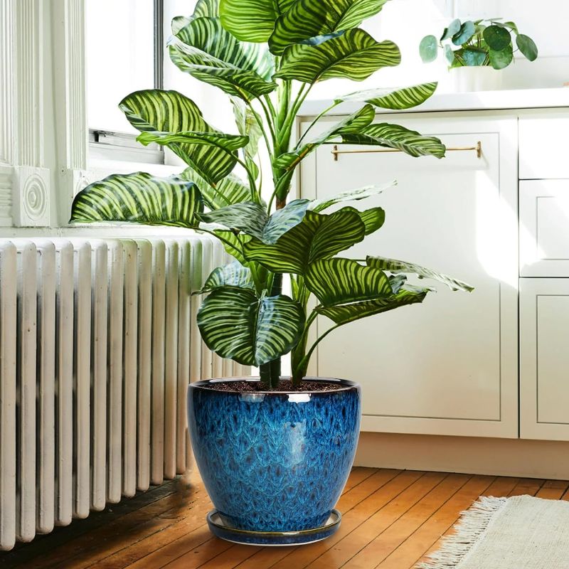 Photo 1 of 10 Inch Ceramic Planter Pot Round Plant Pot for Indoor Plants Outdoor Large Flower Pot with Drainage Hole and Saucer Blue