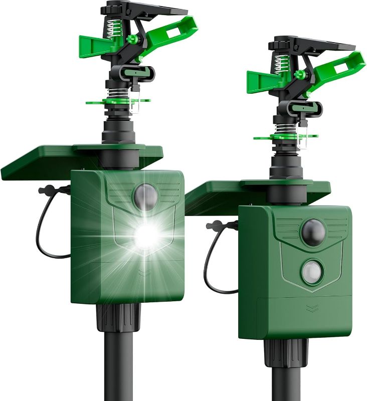 Photo 1 of 2 Packs Motion Activated Animal Repeller with Water Sprinkler, Solar Powered Deer Repellent Devices, IP65 Waterproof Cat Repellent Outdoor with Flashing Light, Deter Foxes Skunks Raccoons from Garden
