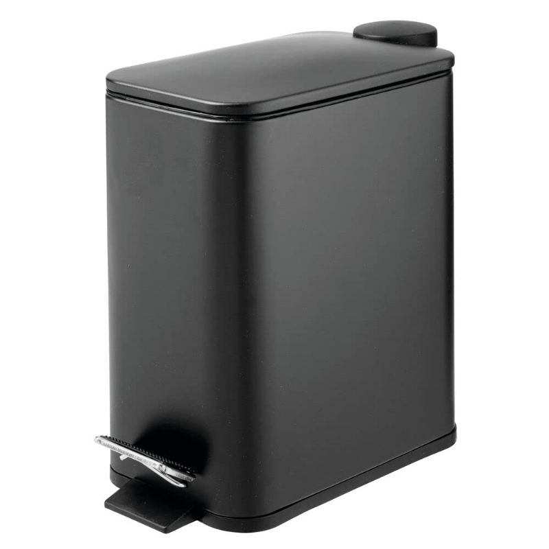 Photo 1 of mDesign Slim Metal Rectangle 1.3 Gallon/5 Liter Trash Can with Step Pedal, Easy-Close Lid, Removable Liner - Narrow Wastebasket Garbage Container Bin for Bathroom, Bedroom, Kitchen - Black
