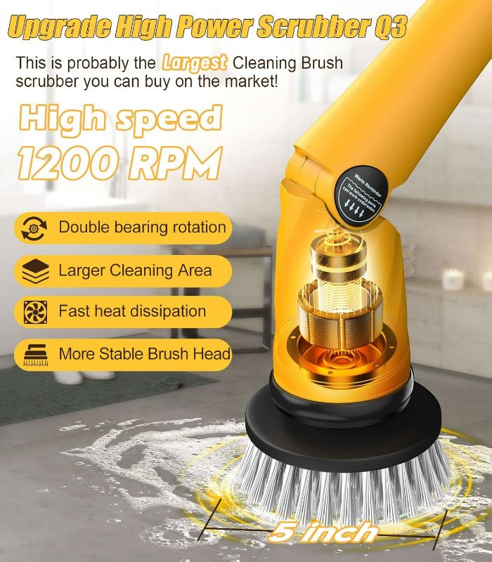Photo 1 of Qimedo Electric Spin Scrubber Extra Large Brush Q3,6000 mAh Best Battery Power Scrubber for Cleaning,1200RPM Shower Cordless Cleaning Brush with 8 Brushes for Bath/Tub/Tile/Floor (Smart Display)