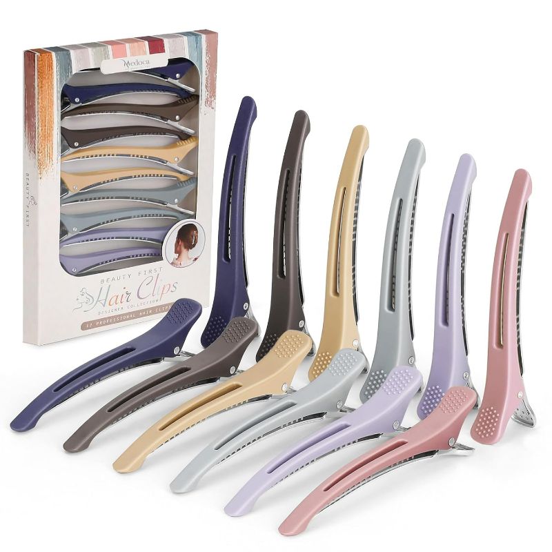 Photo 1 of 12pcs Duck Billed Hair Clips for Styling Sectioning Rollers Blowout Cutting - Professional Salon Clips with Silicone Band for Stylists Hairdressers Thick Long Hair – Ashen 6 Colors 4.48” Long