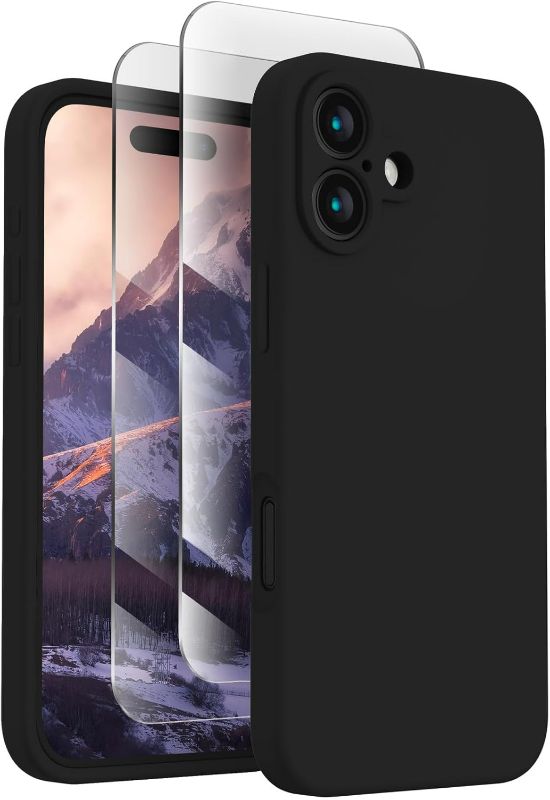 Photo 1 of FireNova Designed for iPhone 16 Case, Silicone Upgraded [Camera Protection] Phone Case with [2 Screen Protectors], Soft Anti-Scratch Microfiber Lining Inside, 6.1 inch, Black