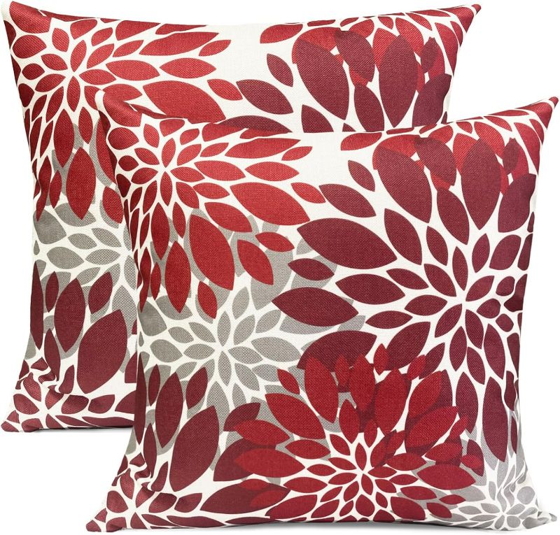 Photo 1 of Decorative Throw Pillow Covers Set of 2 Wine Red Pillow Covers 18x18 inch Throw Pillow Cases Linen Square Pillow Case,Farmhouse Outdoor Floral Flower Pillow Covers for Couch Sofa Living Room