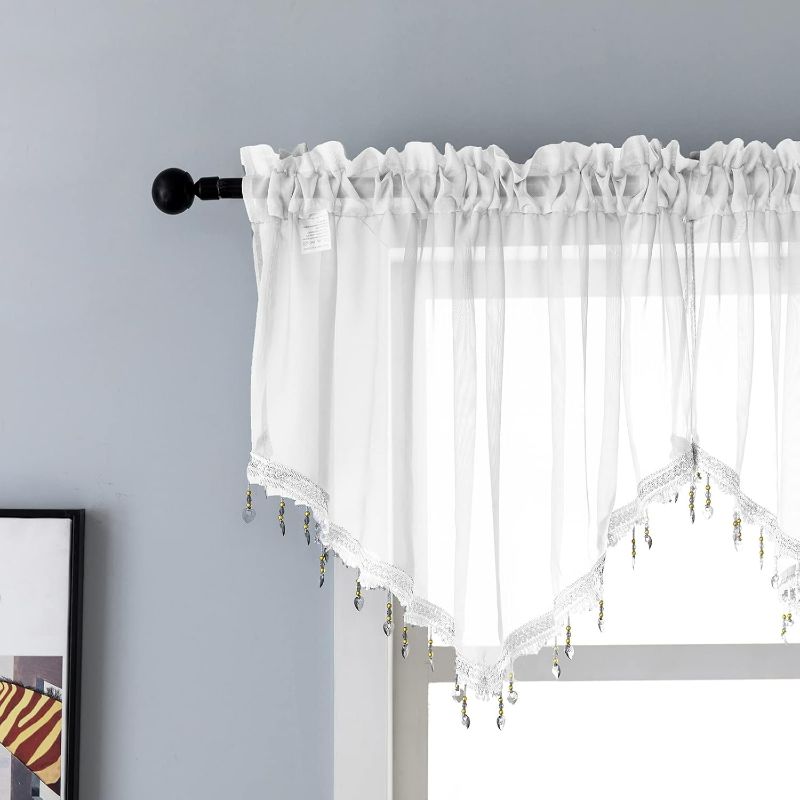 Photo 1 of Beaded Triangle Sheer Valance Curtains for Living Room,Rod Pocket Farmhouse Window Valance, Bead Trim Tassel Voile Sheer Curtain Valance for Bedroom Bathroom Cafe 51x24 Inches (Ivory) 1PC