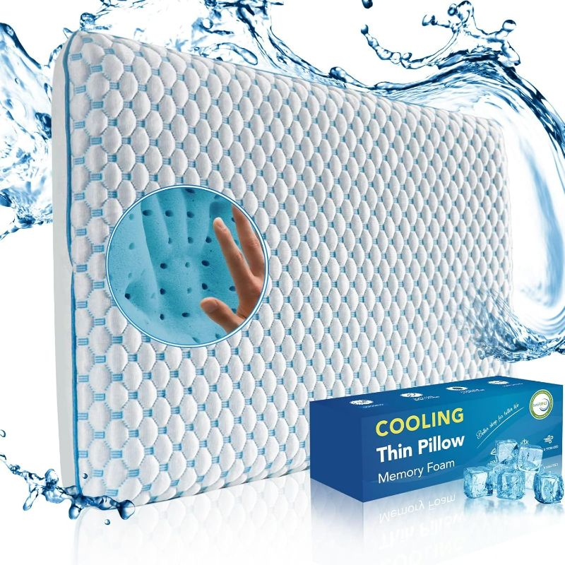Photo 1 of Thin Pillow for Sleeping, Cooling Gel Flat Pillow for Stomach and Back Sleepers, Ultra Slim Stomach Sleeping Pillows for Shoulder Neck Pain Relief, Low Profile Memory Foam Pillows 2.25-inches