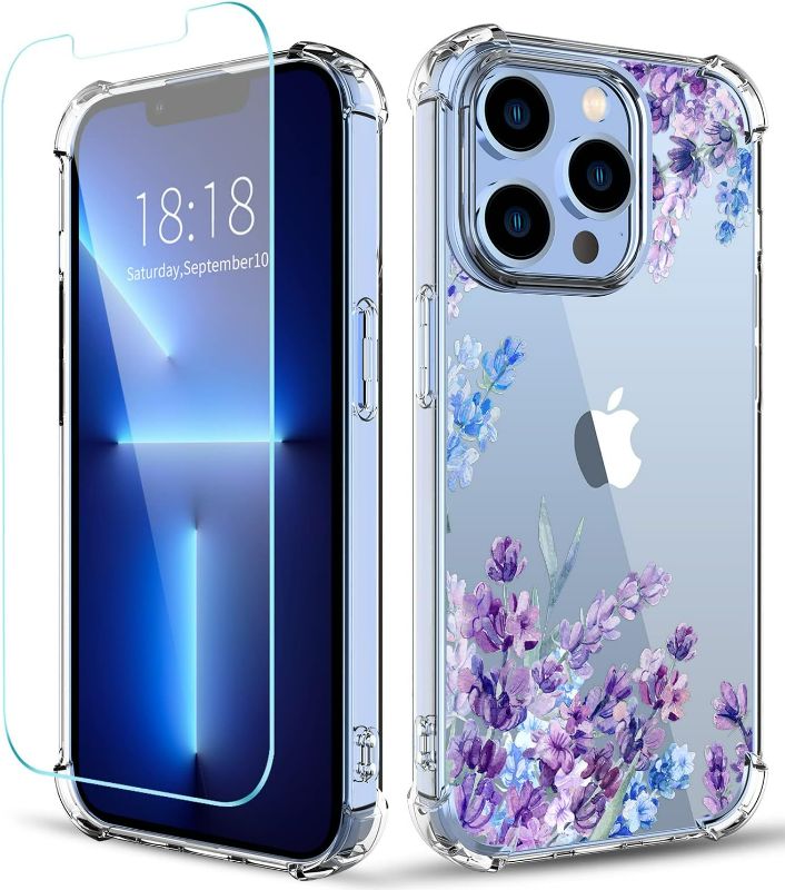 Photo 1 of Flower Pattern Designed for iPhone 13 Pro Max Case[with Screen Protector], Floral Clear Women Phone Case Shockproof Protective Soft TPU Bumper Cover 6.7 Inch 2021(Lavender/Purple)