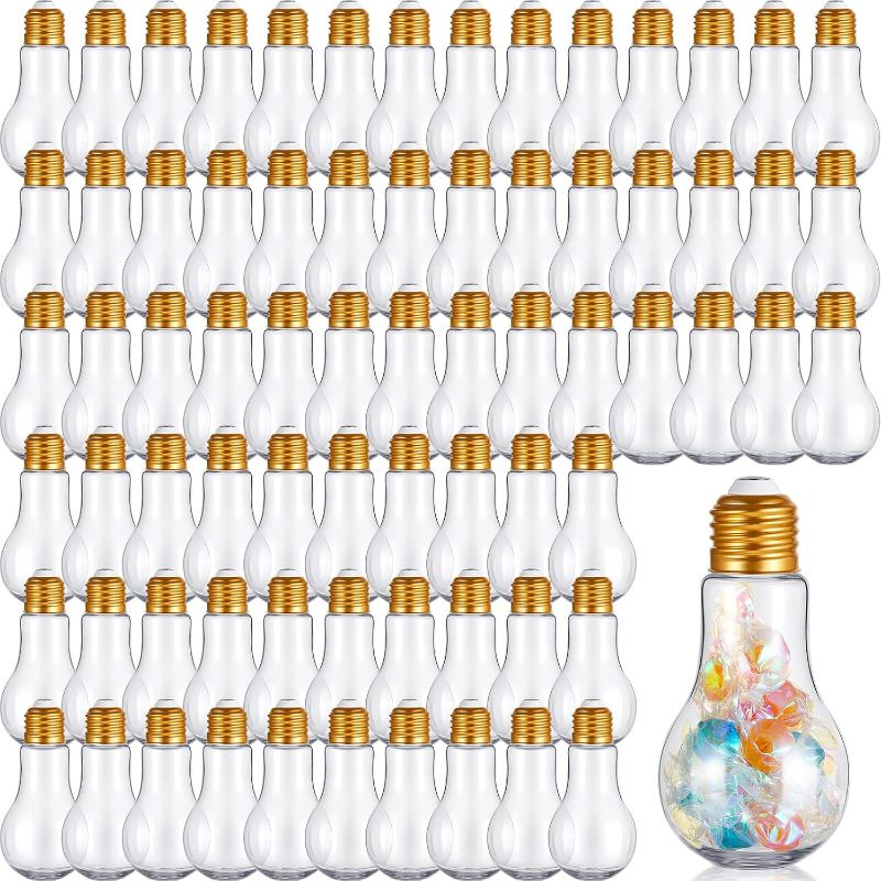 Photo 1 of Juexica 108 Pieces Plastic Fillable Light Bulb Ornaments Clear Empty Lightbulb Containers Small Candy Bottles Drink Cups Decorative Jars for Crafts Gifts Party Favors 100 ml(Gold Cap)