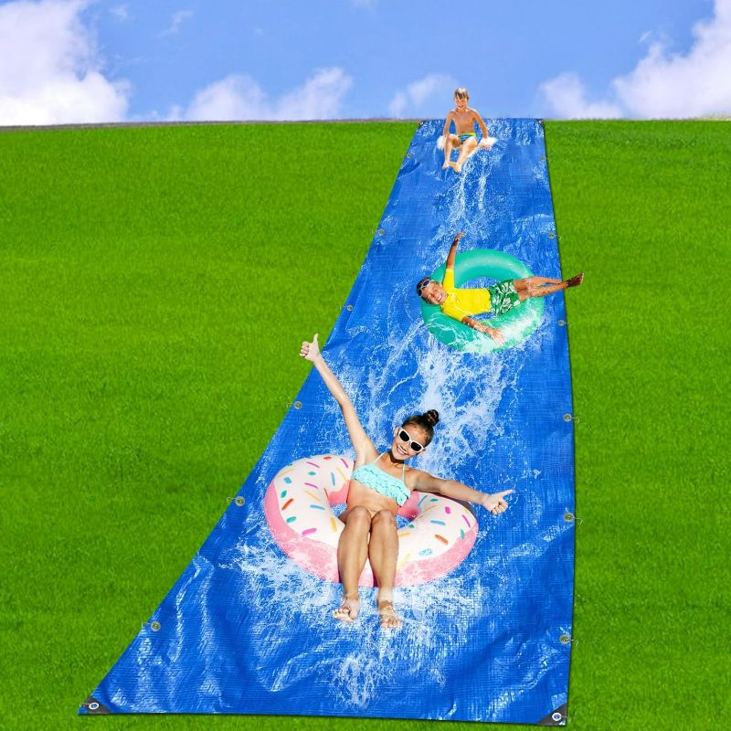 Photo 1 of 30 x 9.8 Ft Lawn Water Slide Extra Long Heavy Duty Water Slide Tarp with 24 Metal Stake and 5 Self-Adhesive Repair Patches Outdoor Water Play Slide for Summer Fun & Outdoor Water Party Activities