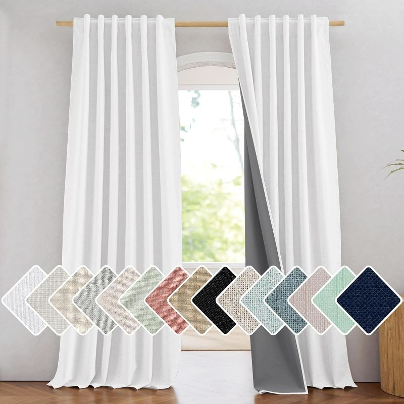Photo 1 of 52" Width Each Panel) - NICETOWN Greyish White 100% Blackout Linen Curtains 90" Long, Farmhouse Thick Completely Blackout Window Treatment Panels Thermal Insulated Drapes for Living Room 