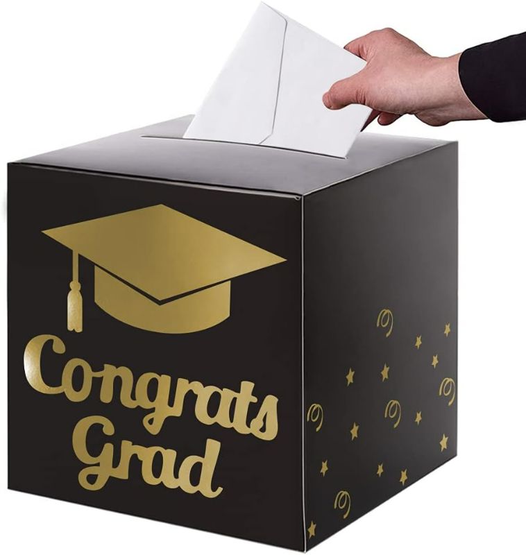 Photo 1 of Graduation Card Box Holder, Congrats Grad Foldable Cardboard Decorations Box for Graduation Party Decoration and Grad Parties (Black)