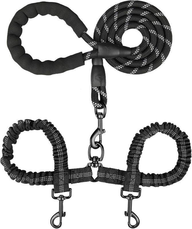 Photo 1 of Double Dog Leash, Dual Dog Leash, 360° Swivel Tangle Free Bungee Walking Training for Large Medium Dogs, Shock Absorbing Bungee Reflective for Two Dogs, 18~121 lbs, Black