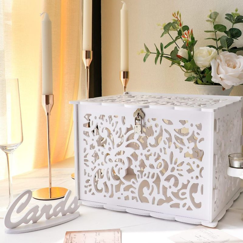 Photo 1 of OurWarm White Wedding Card Box with Lock, PVC Gift Card Box for Wedding Decorations for Reception, Money Gift Boxes for Party Reception Anniversary Bridal Baby Shower Decorations